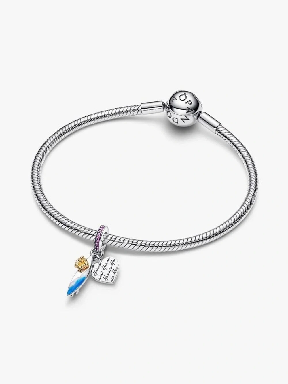 Pandora Silver Charm Bracelet with Blue Surfboard, Gold Sun & Pink Accent